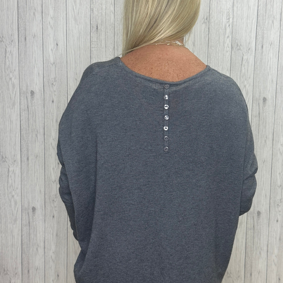 Bernice Button Back Jumper Charcoal Grey -  Sugarplum Boutique