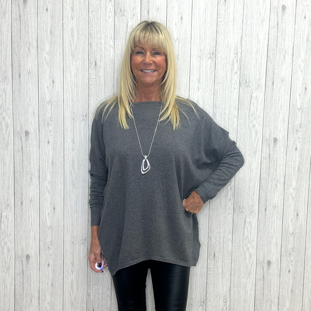 Bernice Button Back Jumper Charcoal Grey - Sugarplum Boutique