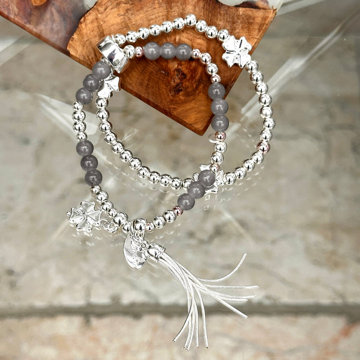 Clover Tassel Two Strand Bracelet Silver - Sugarplum Boutique