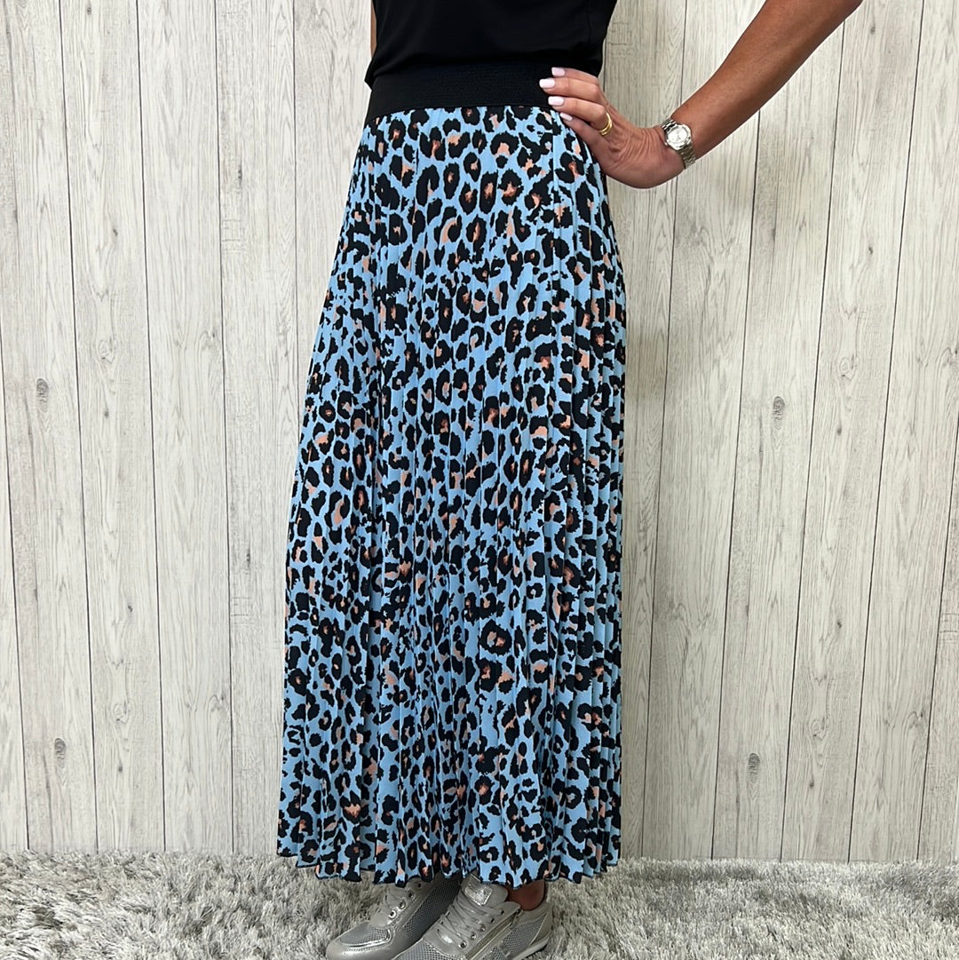 Ava Pleated Skirt Animal Print Pale Blue - Sugarplum Boutique