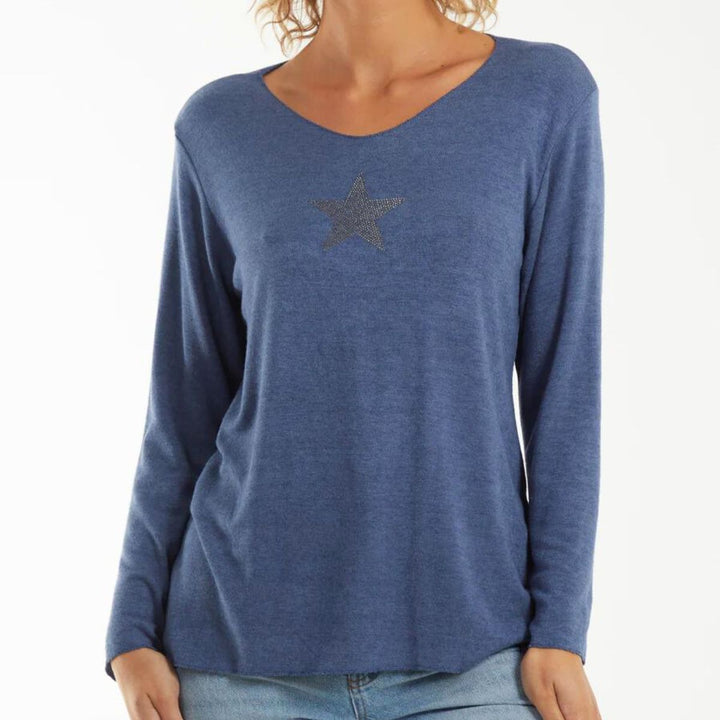 Diamante Star Light Knit Jumper Denim Blue - Sugarplum Boutique