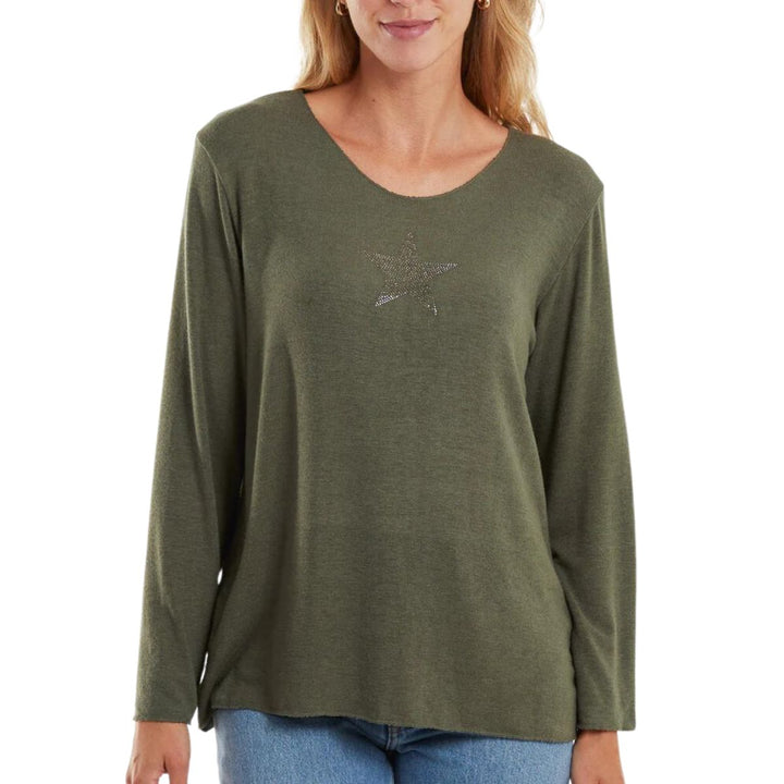 Diamante Star Light Knit Jumper Khaki Green - Sugarplum Boutique