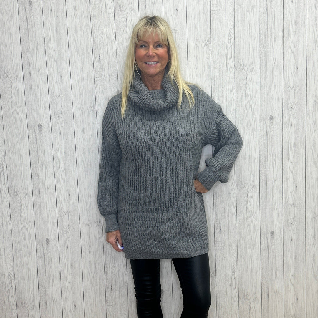 Ellie Ribbed Cowl Neck Long Jumper Grey - Sugarplum Boutique