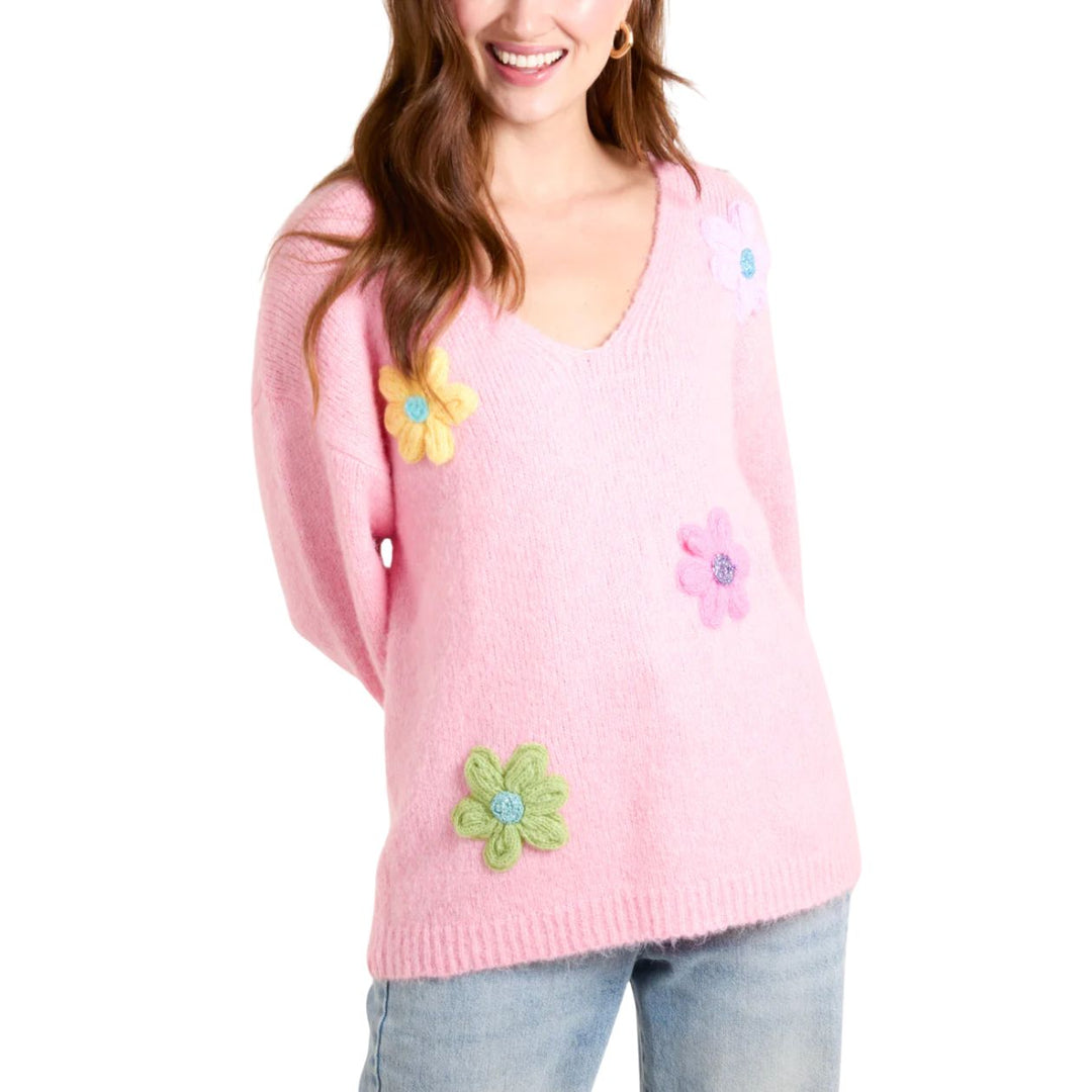 Fae Embellished Flower Knit Jumper Pink - Sugarplum Boutique