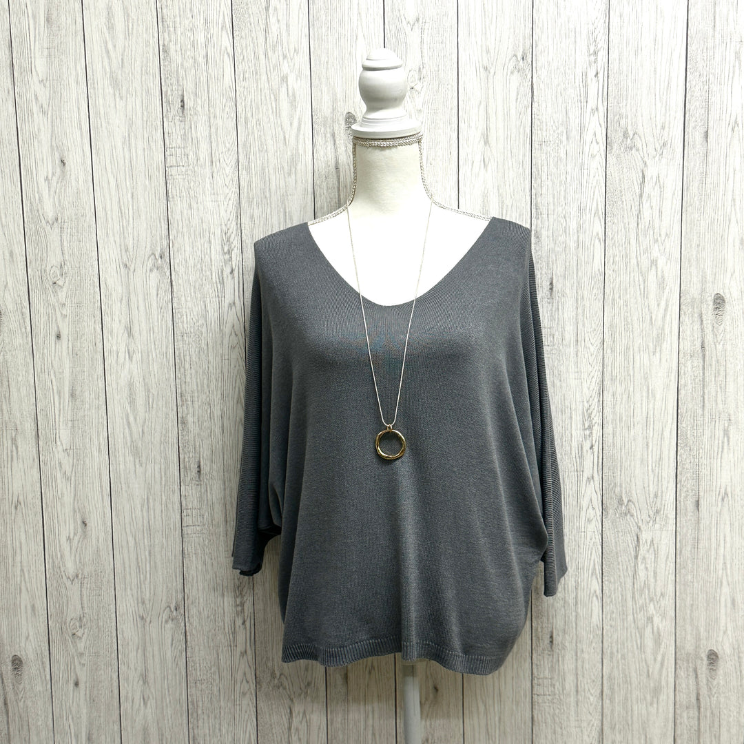 Fiona Fine Knit Jumper V Neck Mid Grey - Sugarplum Boutique