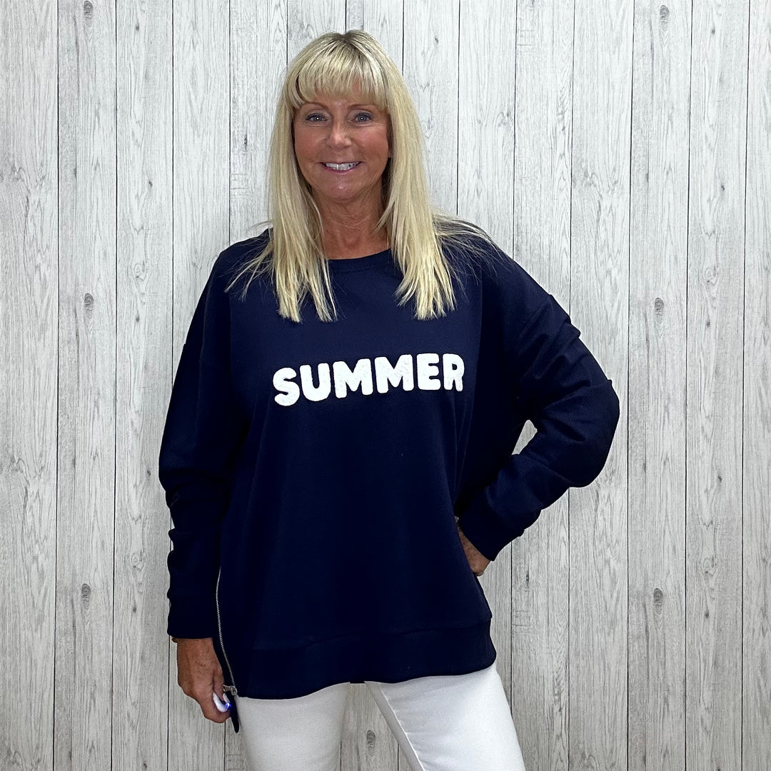 Summer Oversize Cotton Sweatshirt Navy - Sugarplum Boutique