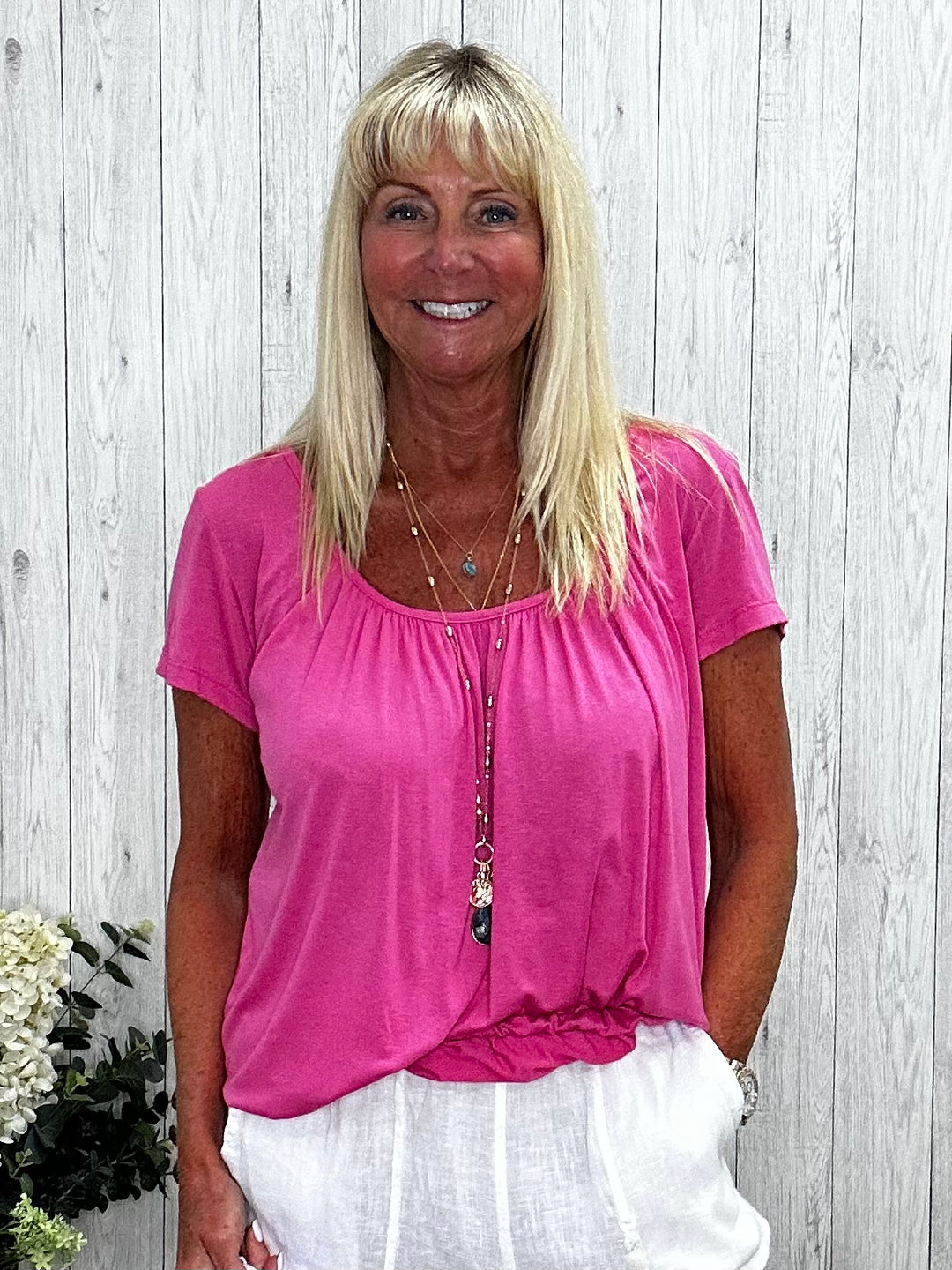 Paulie Scoop Neck T-Shirt Cerise- Sugarplum Boutique