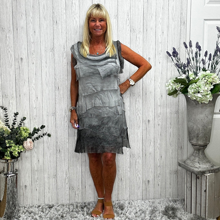 Mia Silk Tier Dress Charcoal - Sugarplum Boutique