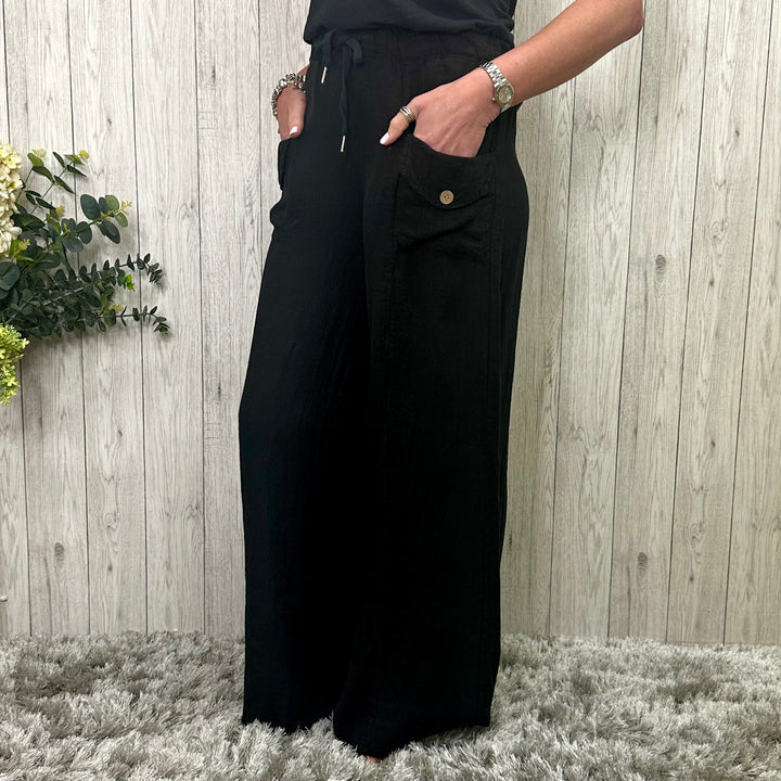 Lulworth Linen Wide Leg Trousers Black - Sugarplum Boutique