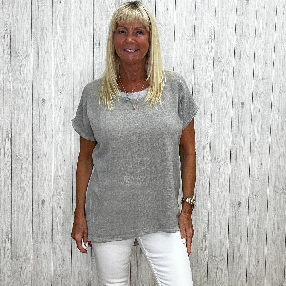 Grayson Glitter Neck Top Light Grey - Sugarplum Boutique