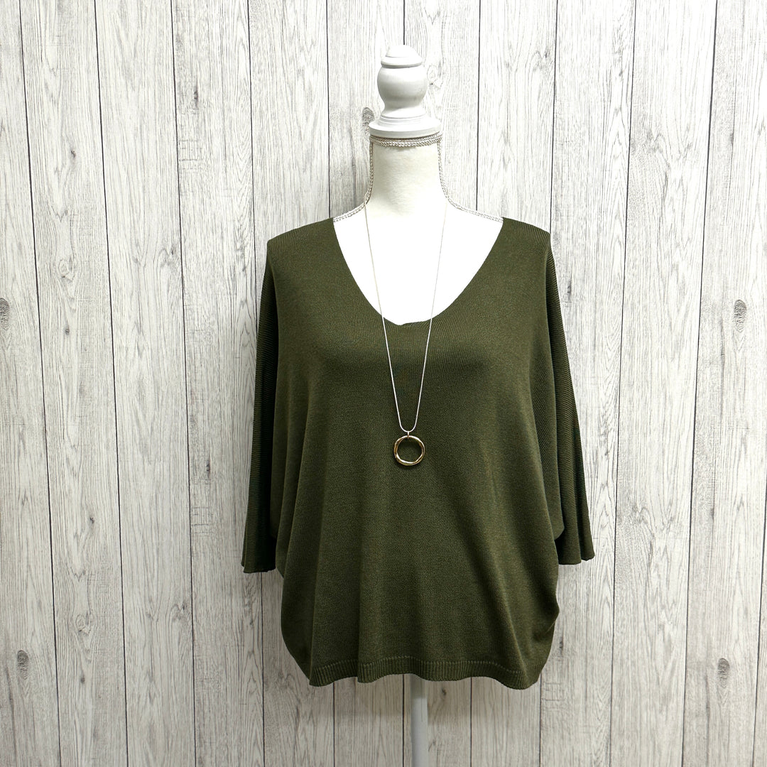 Fiona Fine Knit Jumper V Neck Khaki Green - Sugarplum Boutique