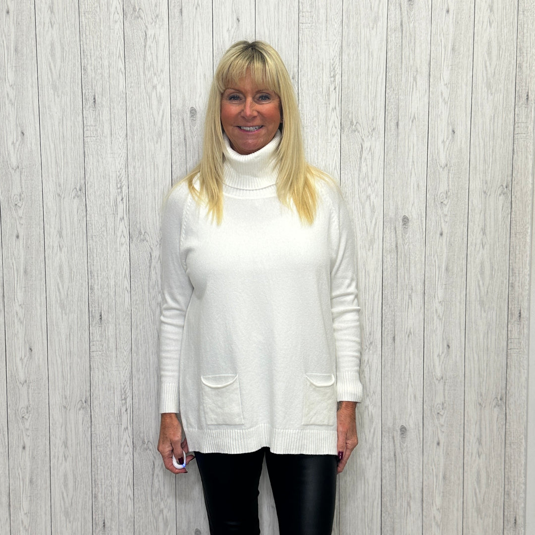 Gina Cosy Roll Neck Two Pocket Jumper Cream - Sugarplum Boutique