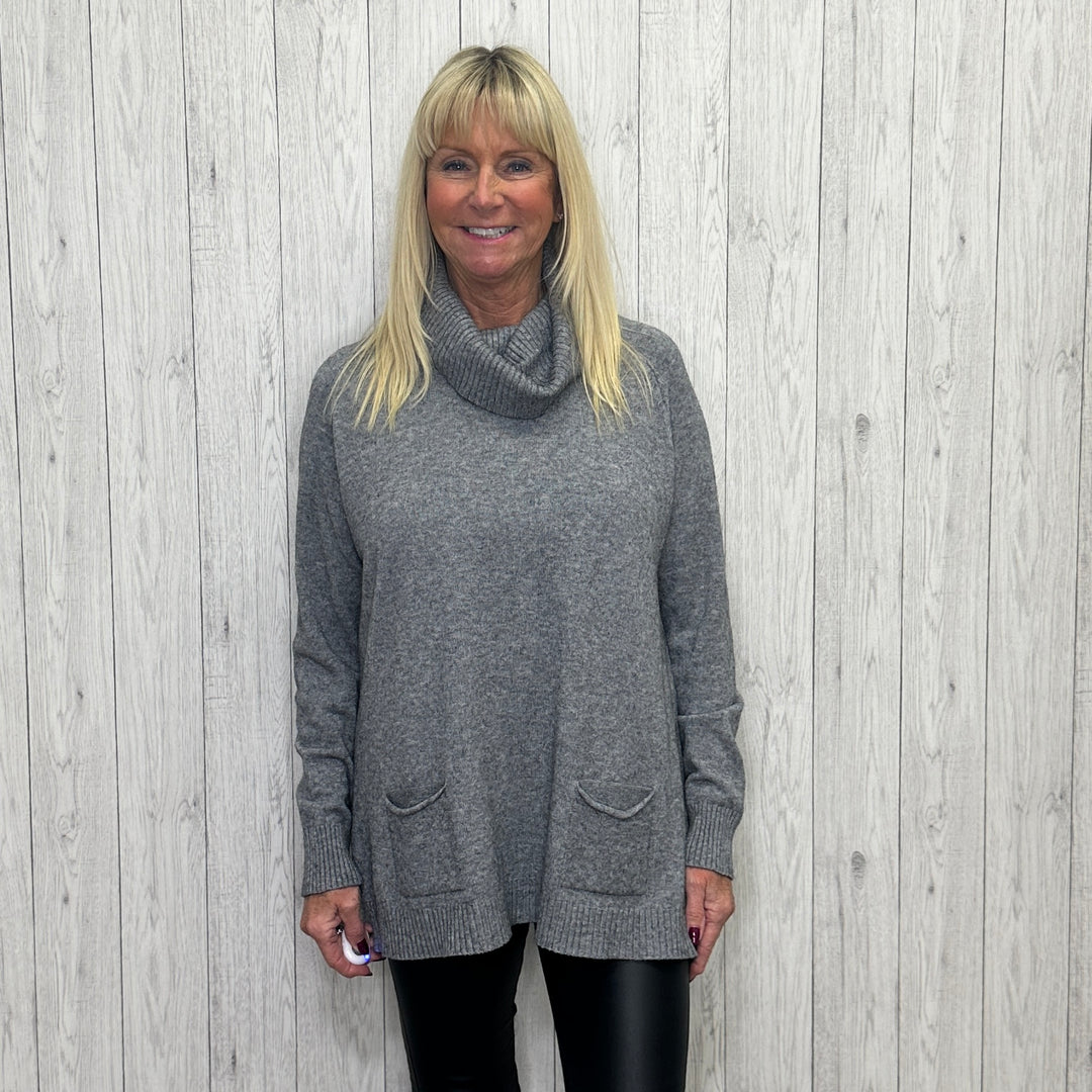 Gina Cosy Roll Neck Two Pocket Jumper Grey - Sugarplum Boutique