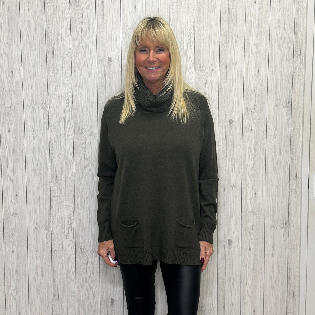 Gina Cosy Roll Neck Two Pocket Jumper Khaki Green - Sugarplum Boutique