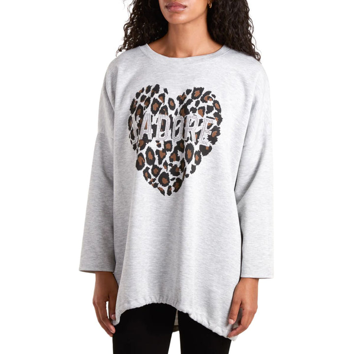 J'Adore Motif Animal Print Heart Sweatshirt Oversize Grey - Sugarplum Boutique