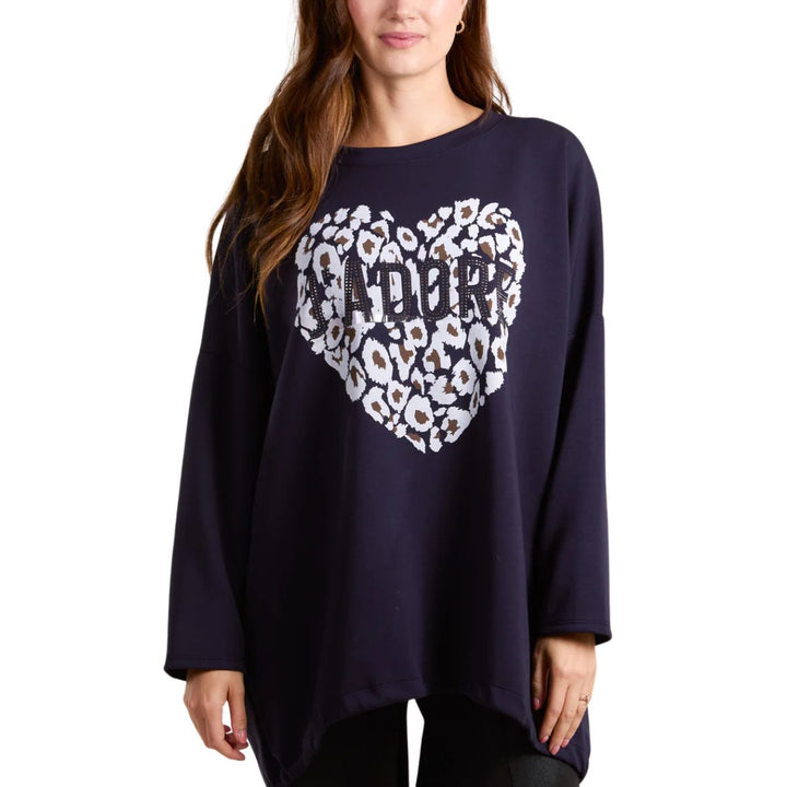 J'Adore Motif Animal Print Heart Sweatshirt Oversize Navy Blue - Sugarplum Boutique