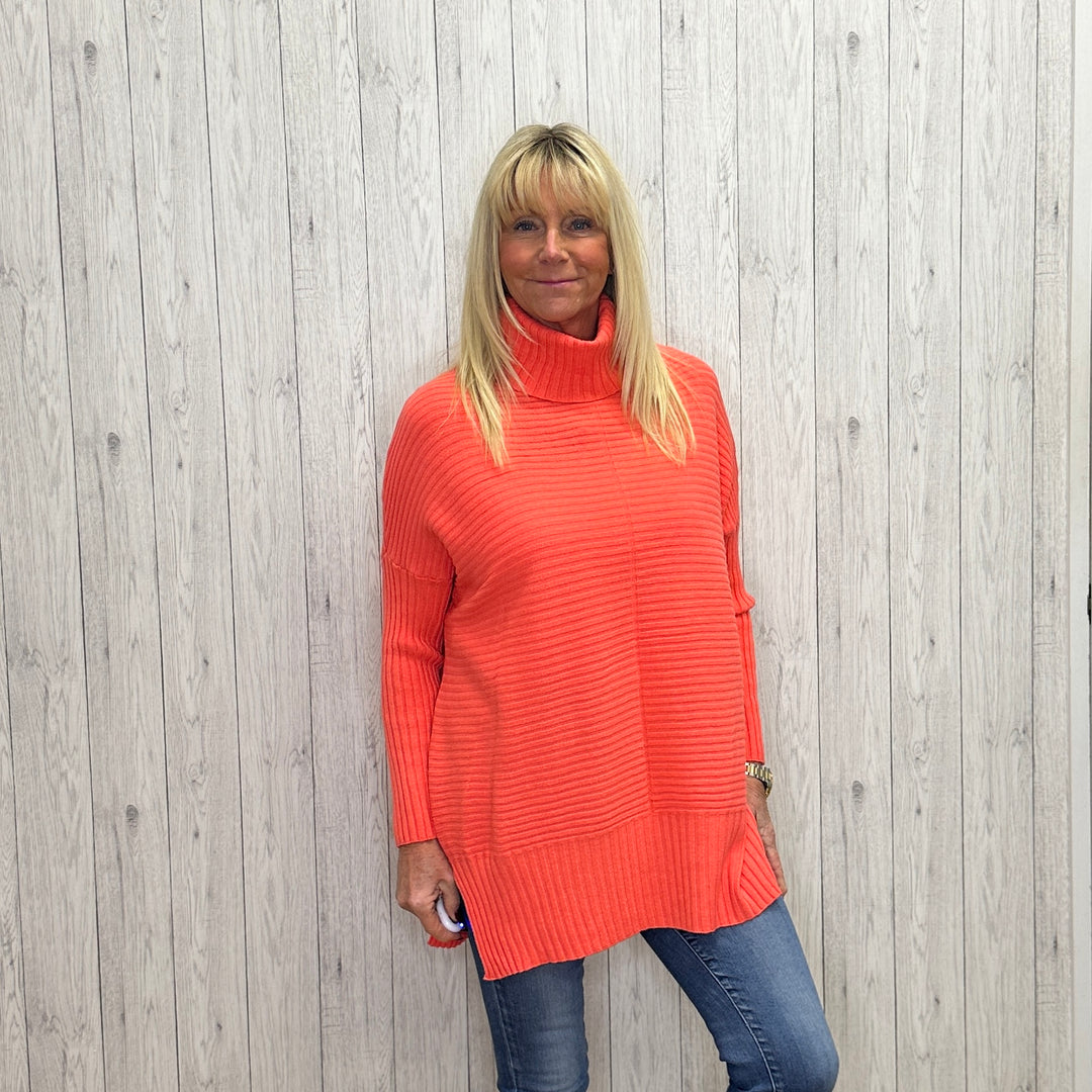 Jada Knitted Rib Roll Neck Jumper Coral - Sugarplum Boutique