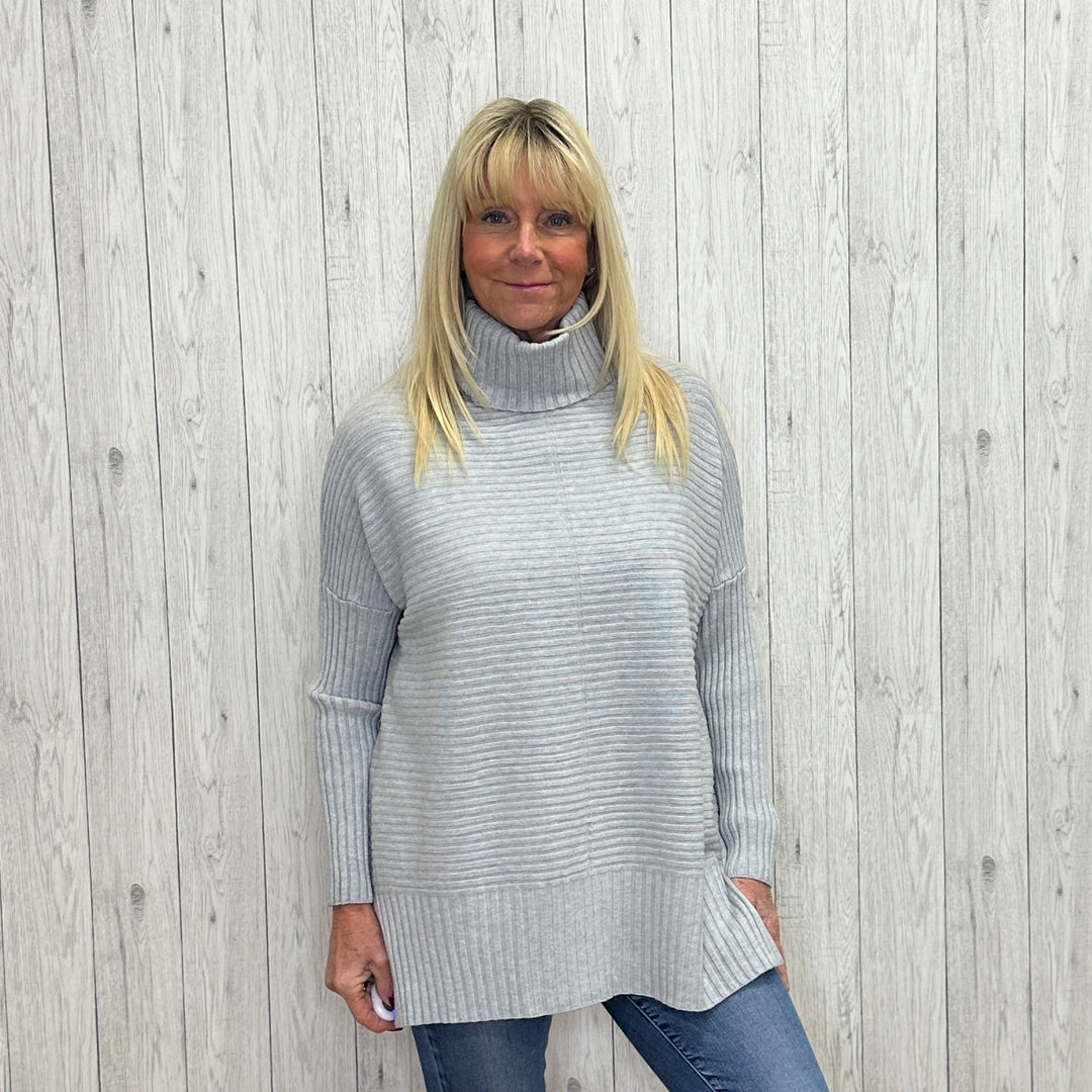 Jada Knitted Rib Roll Neck Jumper Light Grey - Sugarplum Boutique