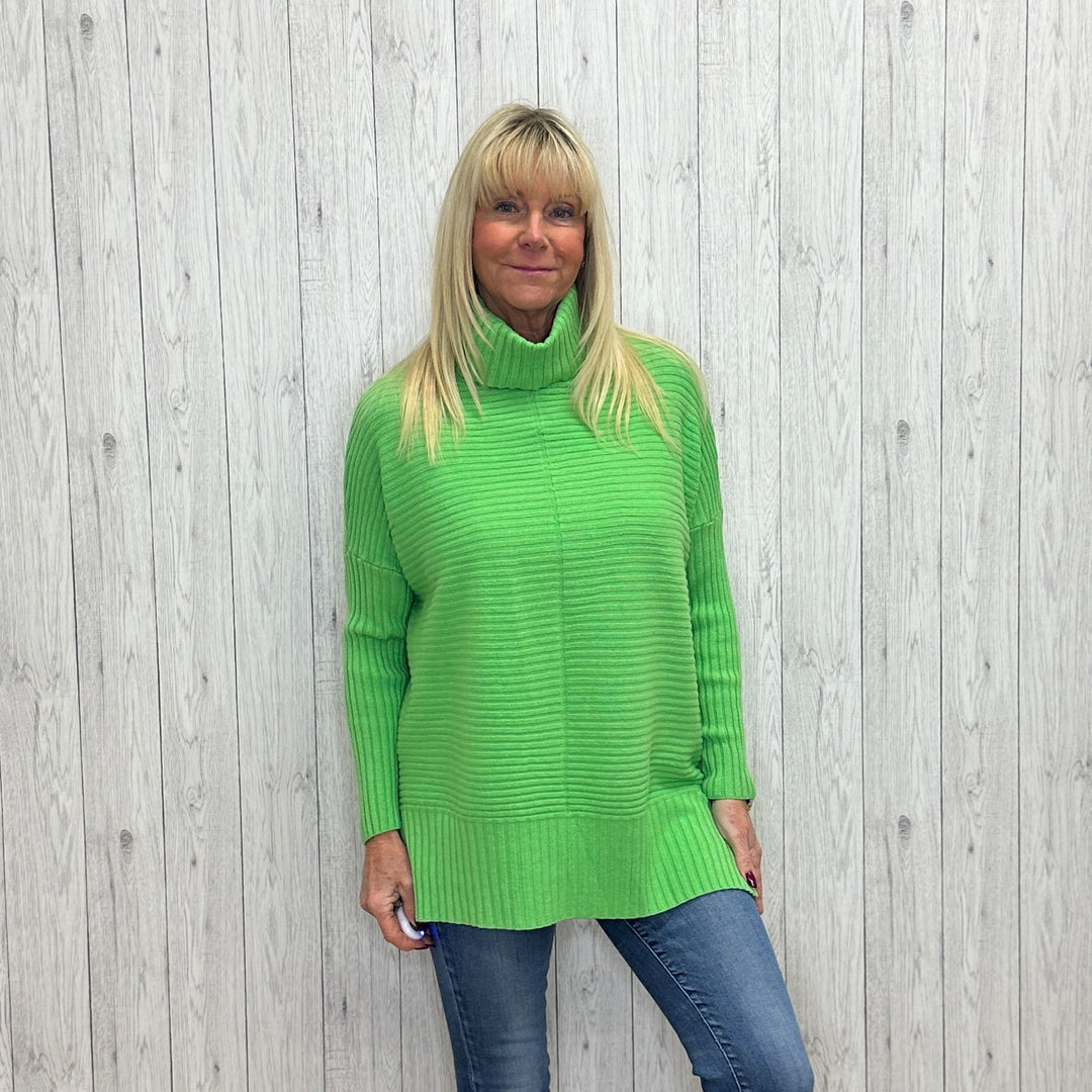 Jada Knitted Rib Roll Neck Jumper Lime Green - Sugarplum Boutique