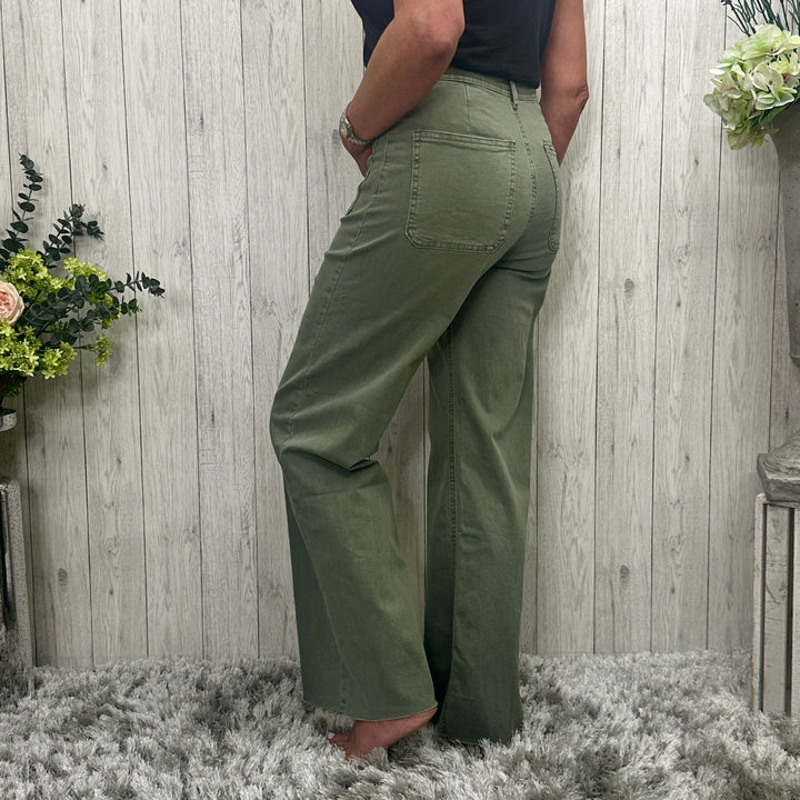 Jess Wide Leg Cotton Jeans Khaki Green -  Sugarplum Boutique