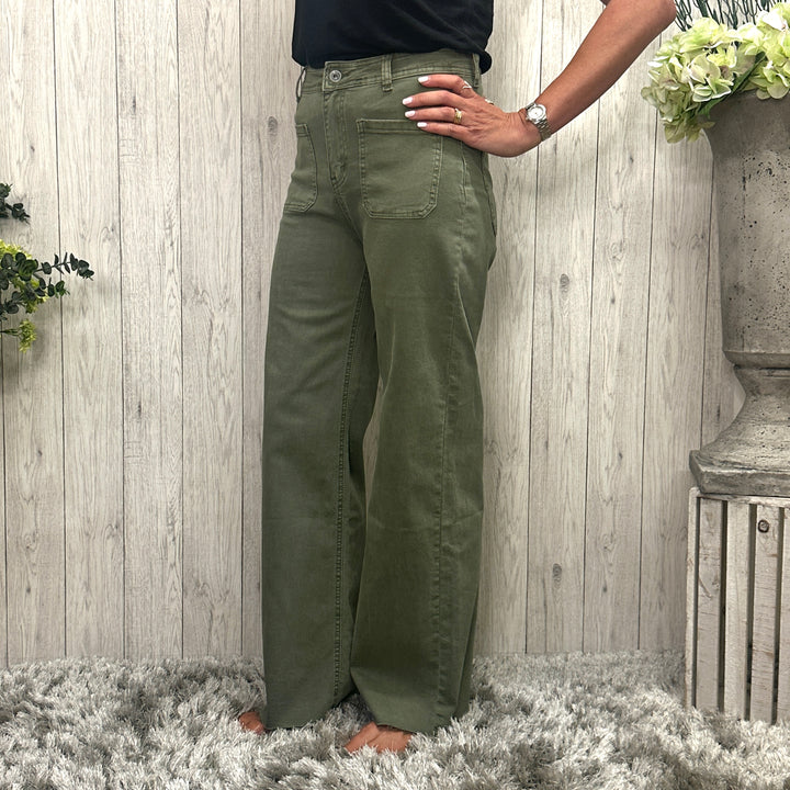 Jess Wide Leg Cotton Jeans Khaki Green -  Sugarplum Boutique