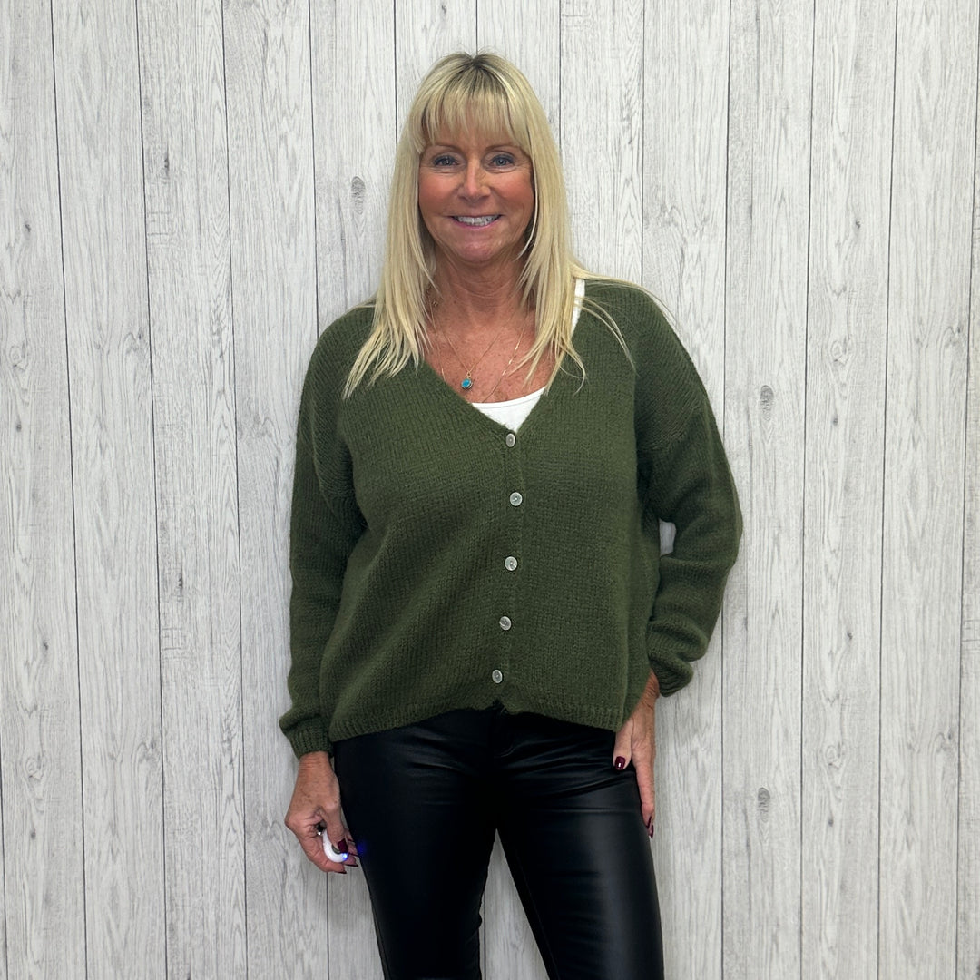 Joannie Mohair Button Cardigan Long Sleeve Khaki Green - Sugarplum Boutique