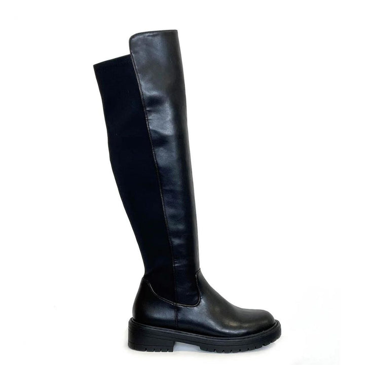 Keara Knee High Pull On Biker Stretch Boot Black - Sugarplum Boutique