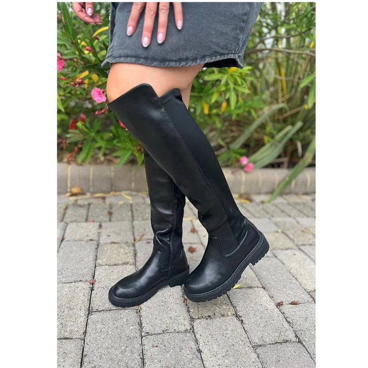 Keara Knee High Pull On Biker Stretch Boot Black- Sugarplum Boutique