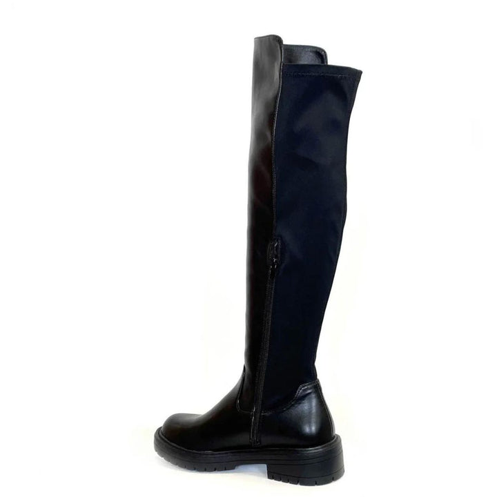 Keara Knee High Pull On Biker Stretch Boot Black - Sugarplum Boutique