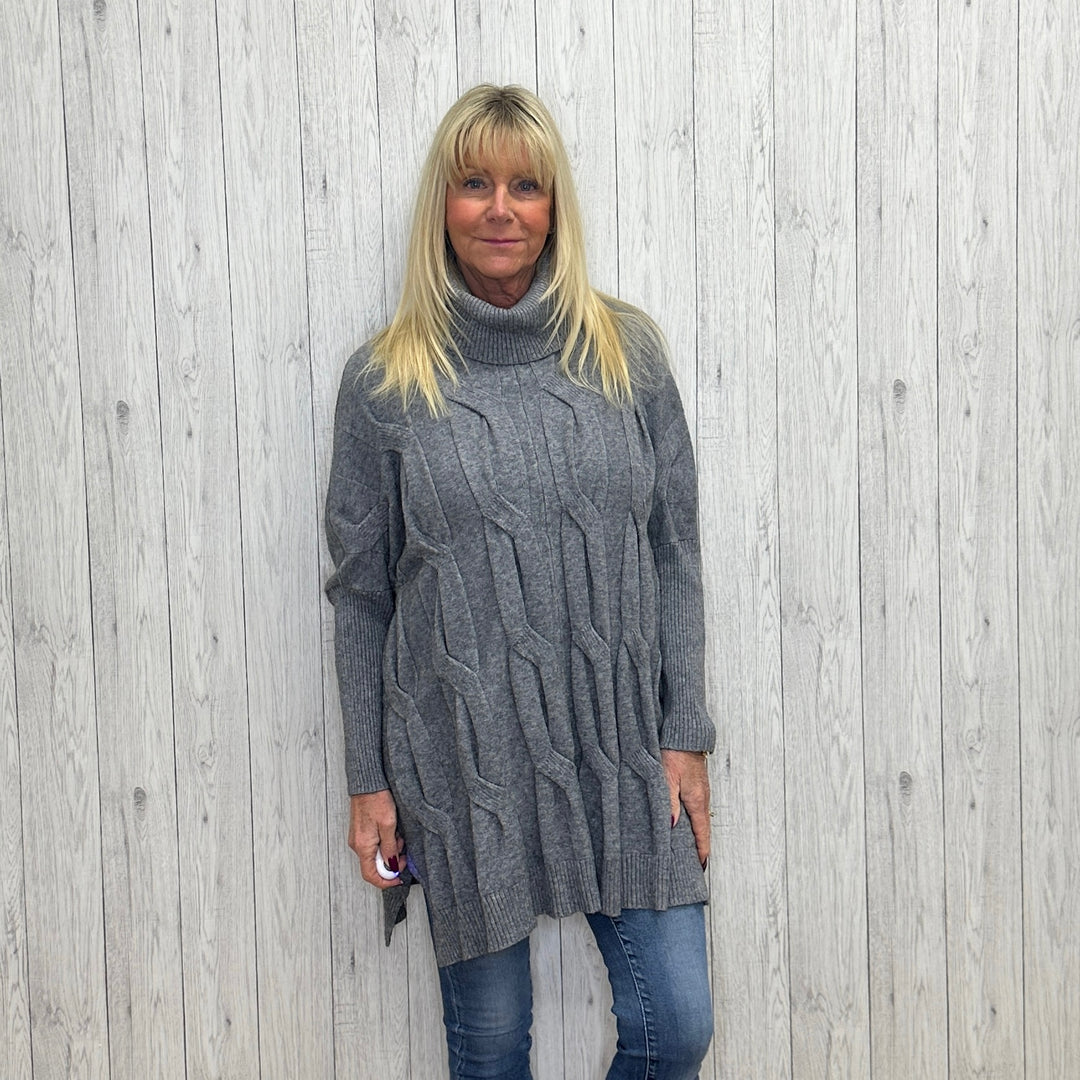 Kerry Oversize Cable Knit Roll Neck Jumper Grey -Sugarplum Boutique