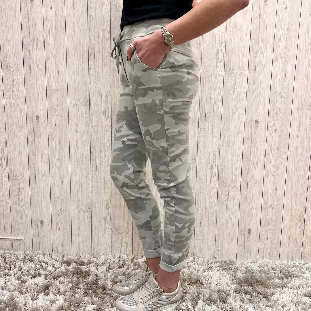 Made in Italy Eva Magic Camouflage Trousers Light Grey -Sugarplum Boutique