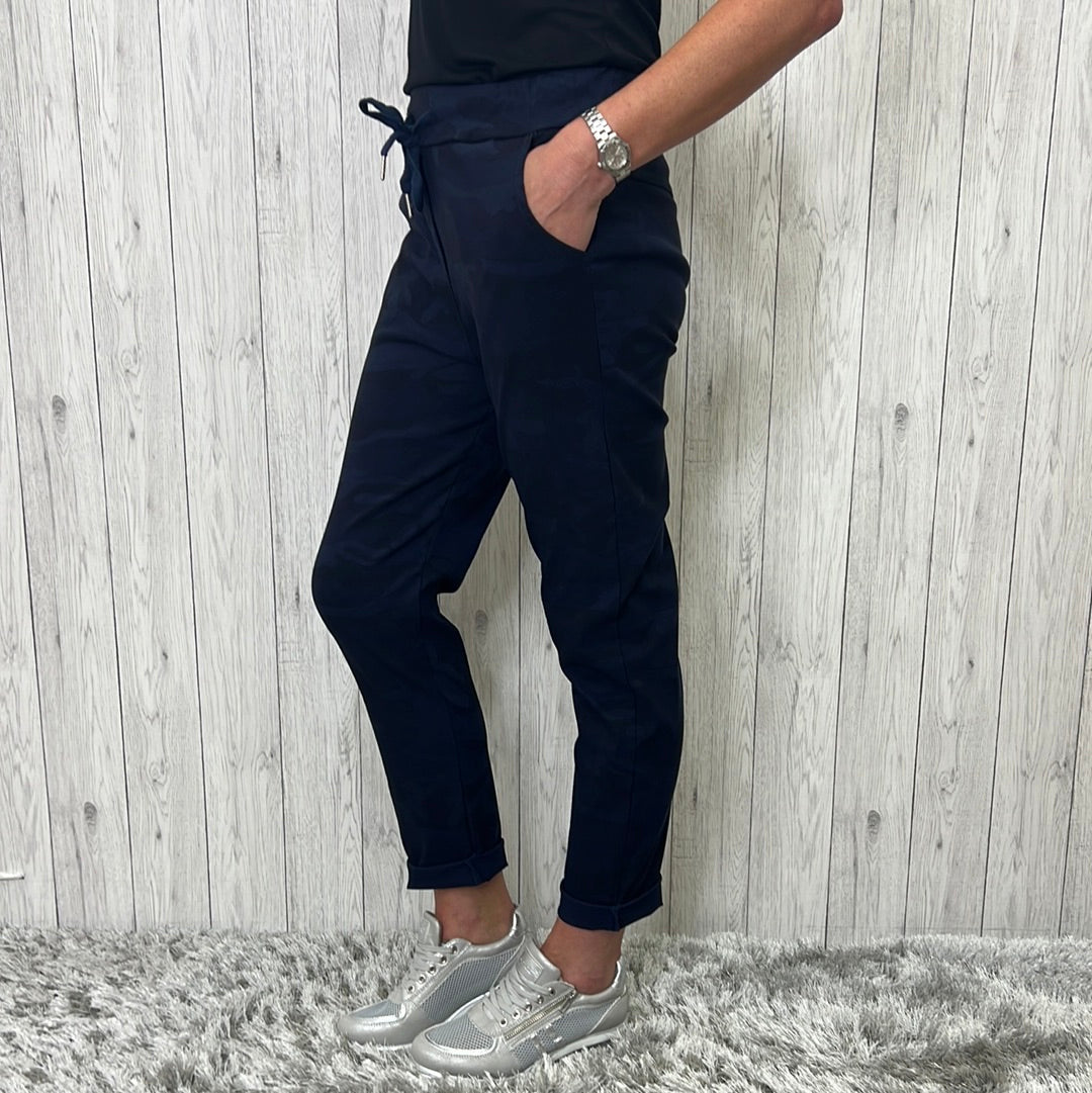 Made in Italy Eva Magic Camouflage Trousers Navy Blue - Sugarplum Boutique