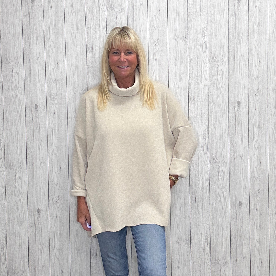 Made In Italy Malmo Chenille Jumper Relaxed Fit Polo Neck Cream - Sugarplum Boutique