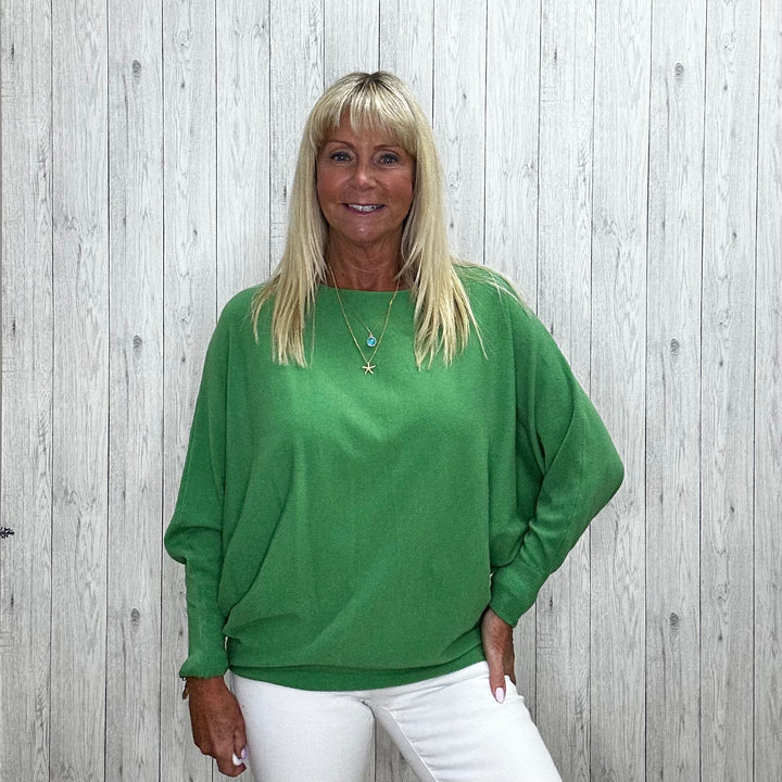 Made In Italy Polly Pearl Back Jumper Batwing Sleeve Emerald Green - Sugarplum Boutique