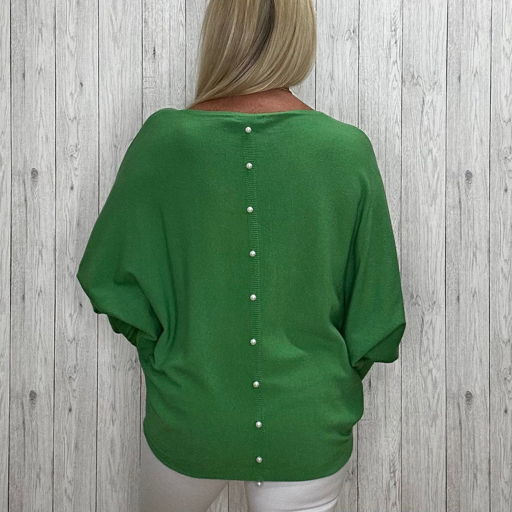 Made In Italy Polly Pearl Back Jumper Batwing Sleeve Emerald Green - Sugarplum Boutique