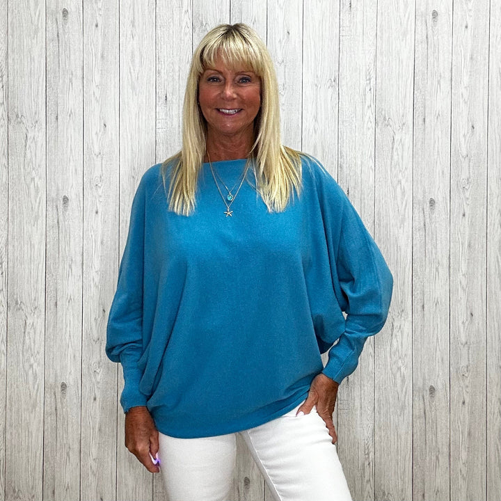 Made In Italy Polly Pearl Back Jumper Batwing Sleeve Teal Green - Sugarplum Boutique