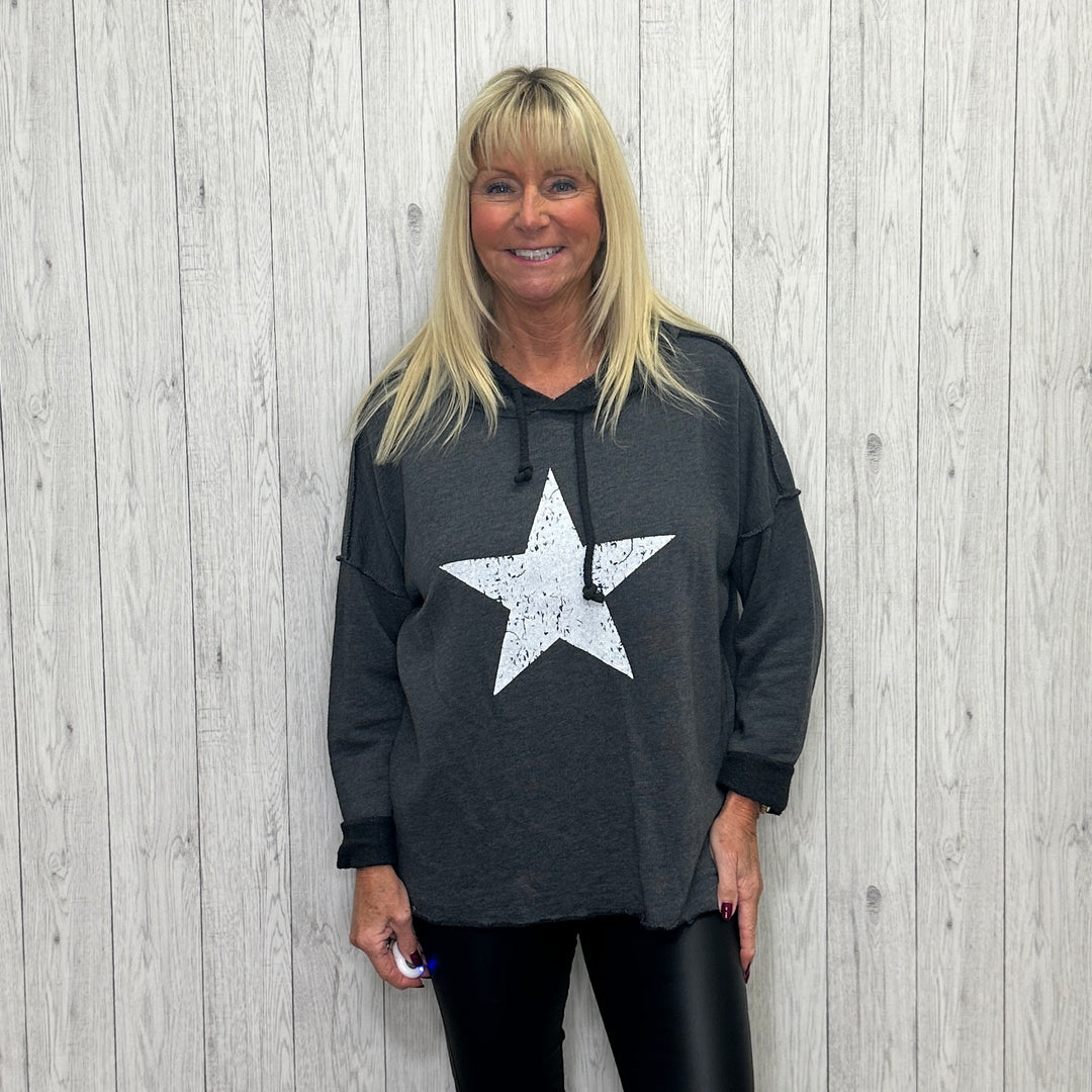 Made in Italy Star Motive Hoodie Cotton Sweatshirt Charcoal Grey - Sugarplum Boutique