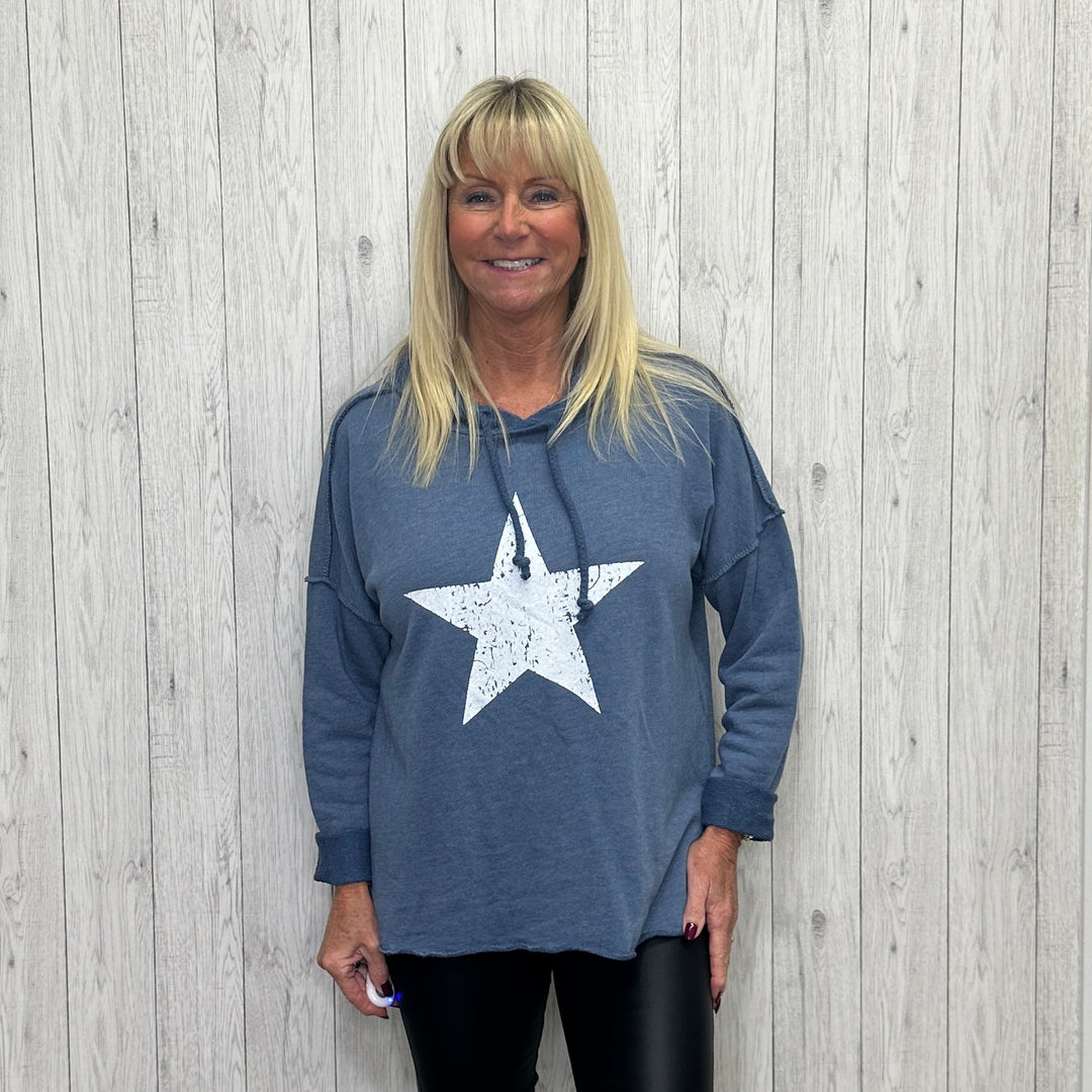 Made in Italy Star Motive Hoodie Cotton Sweatshirt Denim Blue - Sugarplum Boutique