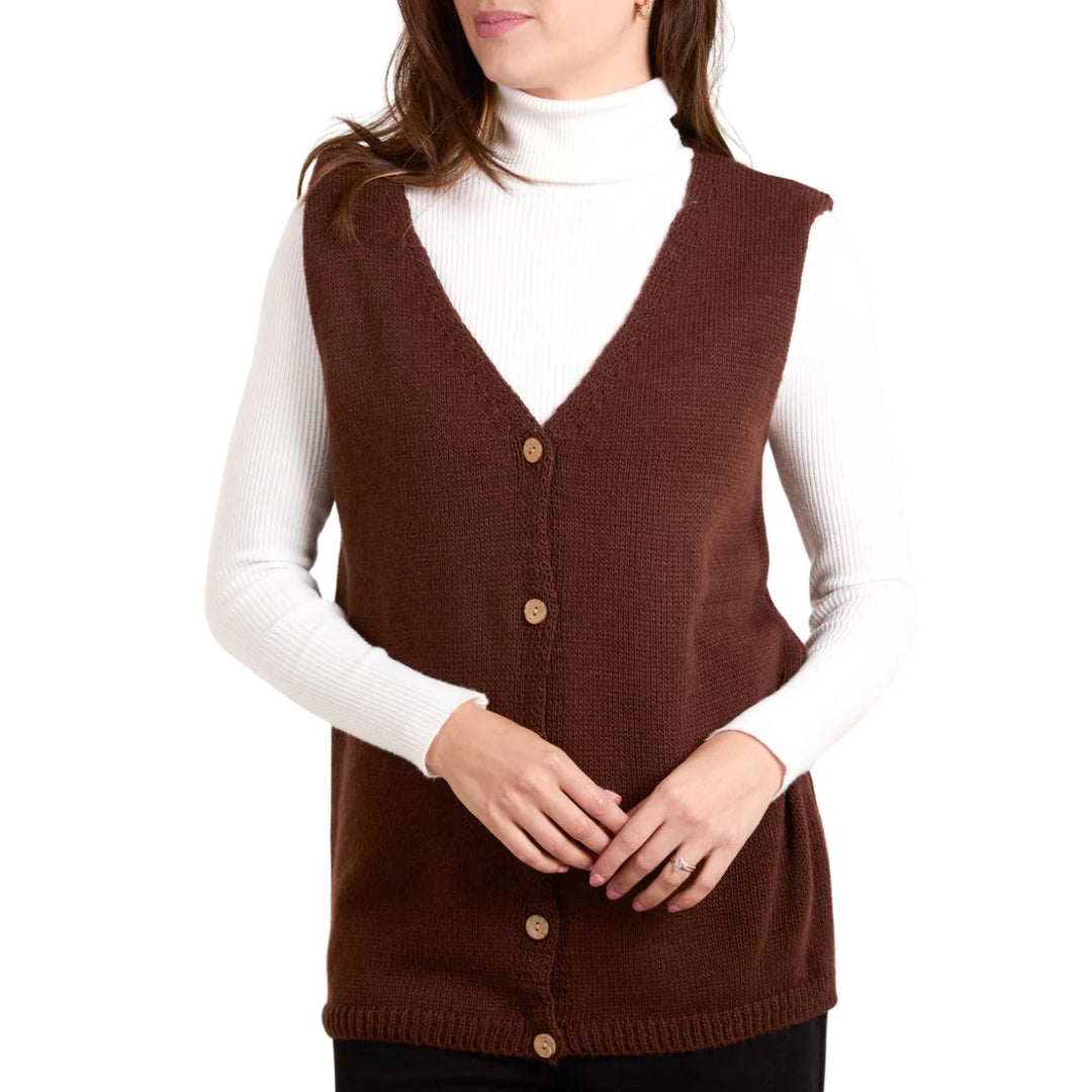 Marcy Fine Knit Full Button V Neck Waistcoat Chocolate Brown - Sugarplum Boutique