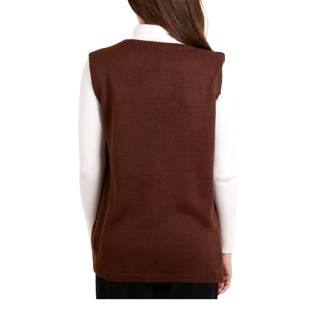 Marcy Fine Knit Full Button V Neck Waistcoat Chocolate Brown - Sugarplum Boutique