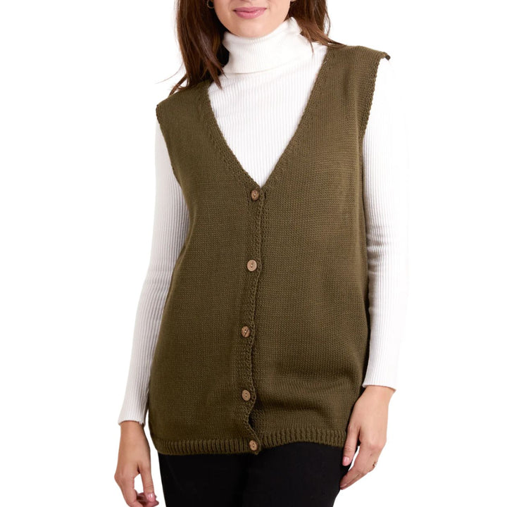 Marcy Fine Knit Full Button V Neck Waistcoat Khaki Green - Sugarplum Boutique