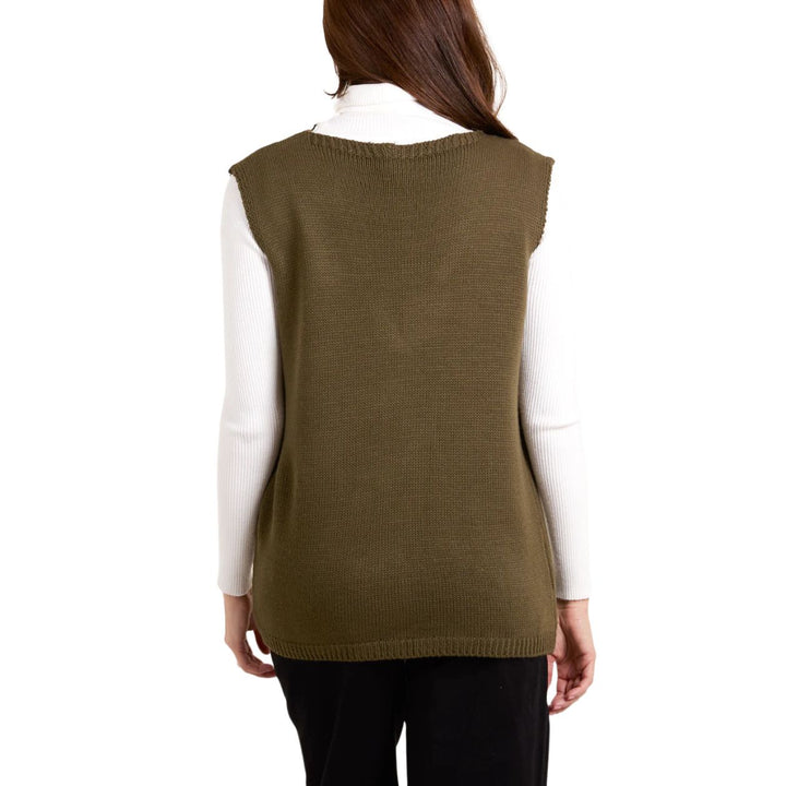 Marcy Fine Knit Full Button V Neck Waistcoat Khaki Green - Sugarplum Boutique