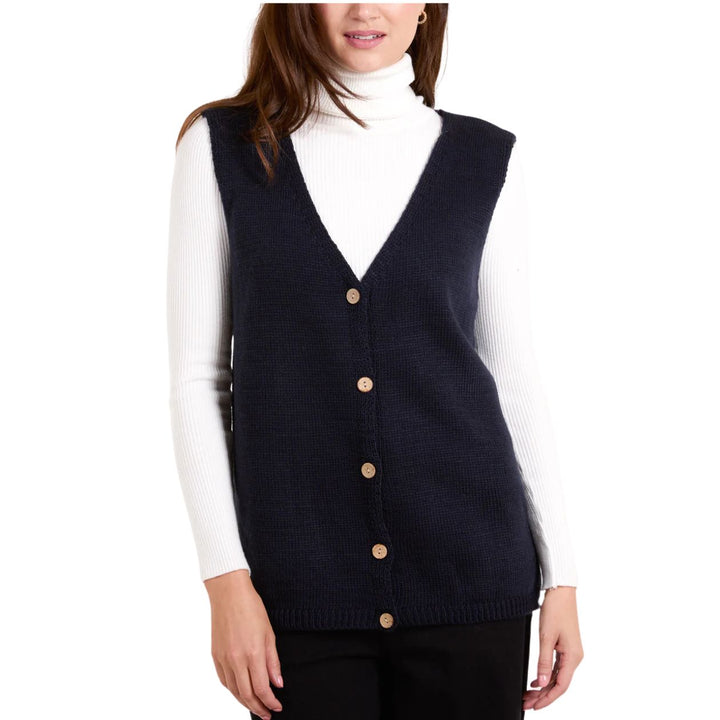 Marcy Fine Knit Full Button V Neck Waistcoat Navy Blue - Sugarplum Boutique