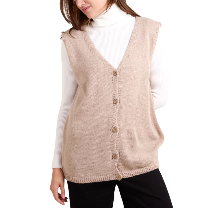 Marcy Fine Knit Full Button V Neck Waistcoat Stone - Sugarplum Boutique