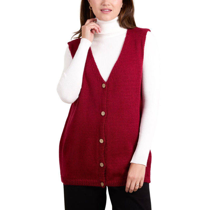 Marcy Fine Knit Full Button V Neck Waistcoat Wine Red - Sugarplum Boutique