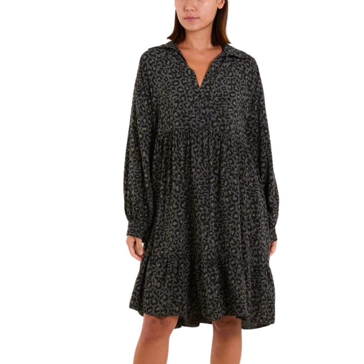 Miranda Long Sleeve Dress Animal Print Charcoal Grey - Sugarplum Boutique