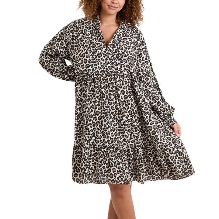 Miranda Long Sleeve Dress Animal Print Stone - Sugarplum Boutique