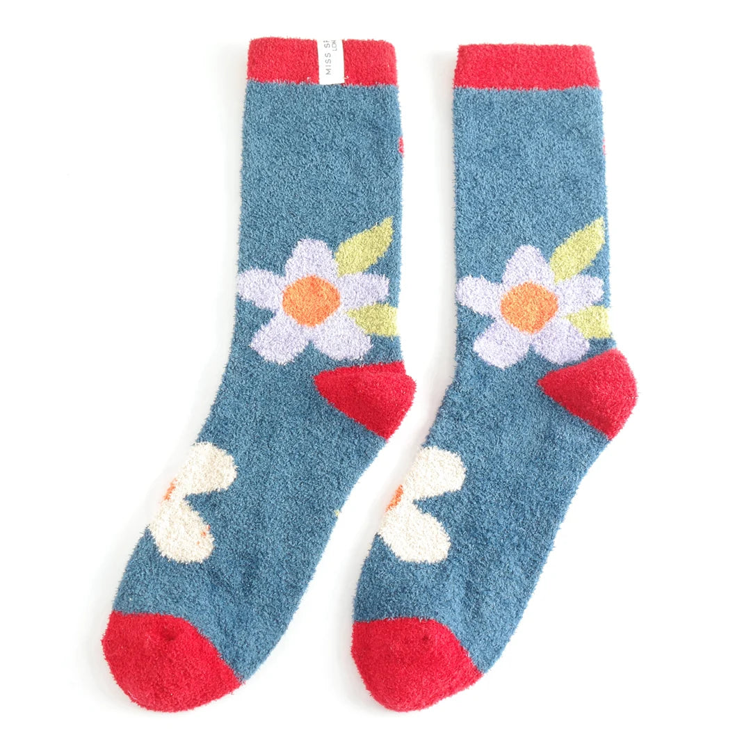 Miss Sparrow Cosy Fluffy Flower Design Ladies Socks Navy Blue - Sugarplum Boutique