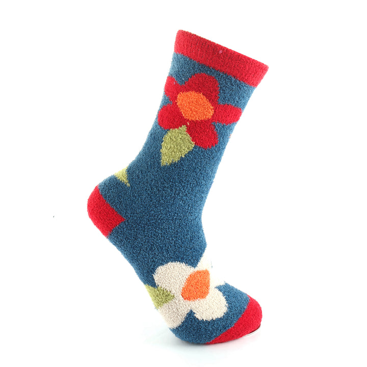 Miss Sparrow Cosy Fluffy Flower Design Ladies Socks Navy Blue - Sugarplum Boutique