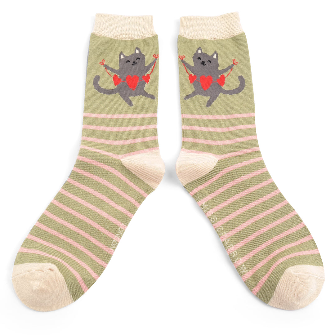 Miss Sparrow Ladies Lovely Cats Bamboo Socks Olive Green - Sugarplum Boutique